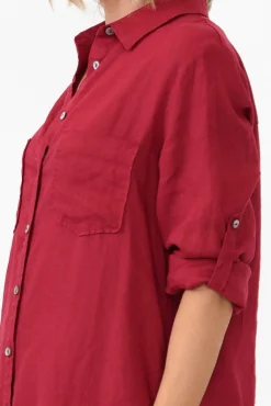 Linen Dresses<Worthier Halston Red Linen Relaxed Shirt Dress
