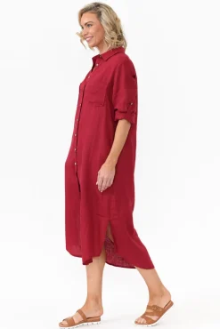 Linen Dresses<Worthier Halston Red Linen Relaxed Shirt Dress
