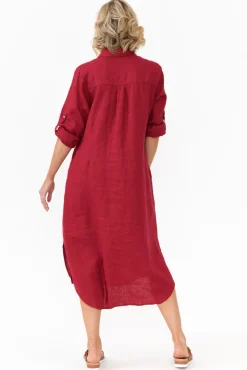 Linen Dresses<Worthier Halston Red Linen Relaxed Shirt Dress