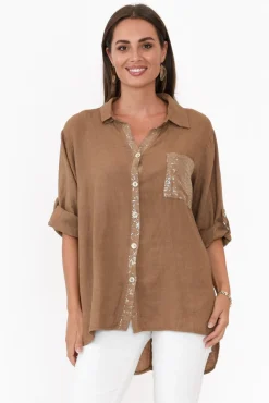 Linen Tops<La Strada Hamish Chocolate Linen Sequin Pocket Shirt