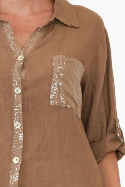 Linen Tops<La Strada Hamish Chocolate Linen Sequin Pocket Shirt