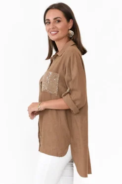 Linen Tops<La Strada Hamish Chocolate Linen Sequin Pocket Shirt