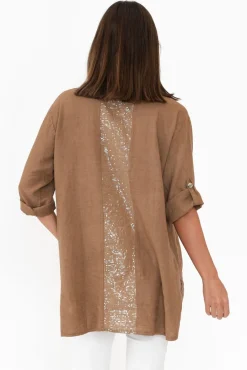 Linen Tops<La Strada Hamish Chocolate Linen Sequin Pocket Shirt