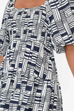 Midi Dresses<Silver Wishes Hansen Navy Geo Shirred Dress