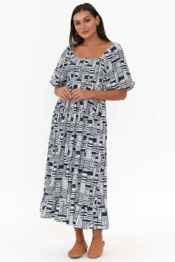 Midi Dresses<Silver Wishes Hansen Navy Geo Shirred Dress