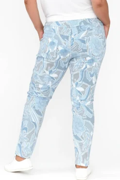 Pants<Rosa Sera Hartley Blue Floral Crinkle Pant