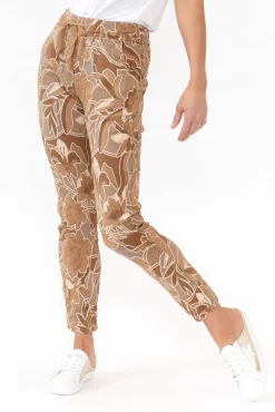 Pants<Rosa Sera Hartley Brown Floral Crinkle Pant