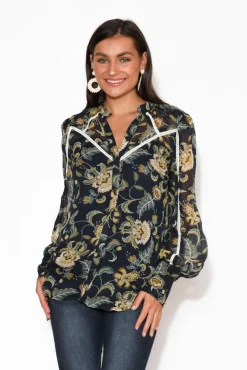 Shirts<Once Was Haven Navy Garden Bishop Sleeve Shirt