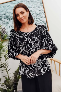 Sleeved Tops<New U Collection Heath Black Abstract Puff Sleeve Top