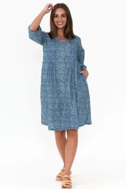 Cotton Dresses<Mozaic Heron Blue Floral Cotton Dress