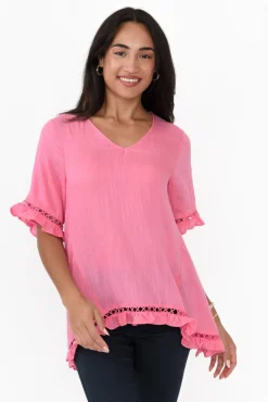 Linen Tops<Willow Tree Hewitt Pink V Neck Ruffle Top