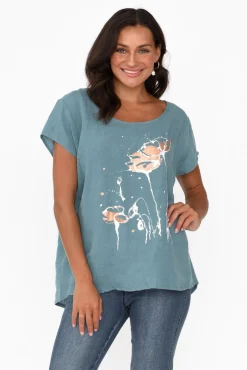 Linen Tops<Cali and Co Hiromi Blue Foil Flower Linen Top