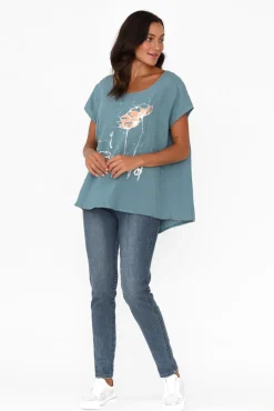 Linen Tops<Cali and Co Hiromi Blue Foil Flower Linen Top