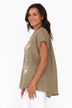 Linen Tops<Cali and Co Hiromi Khaki Foil Flower Linen Top