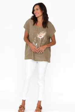 Linen Tops<Cali and Co Hiromi Khaki Foil Flower Linen Top
