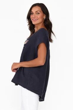 Sleeved Tops<Cali and Co Hiromi Navy Foil Flower Linen Top