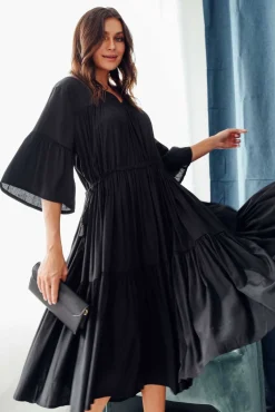 Cotton Dresses<Worthier Hope Black Tiered Midi Dress