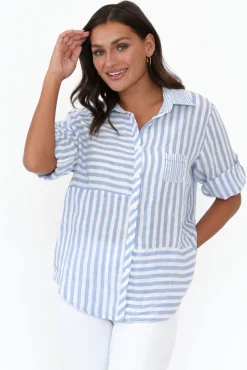 Linen Tops<Worthier Hyatt Blue Stripe Linen Shirt