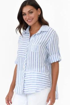 Linen Tops<Worthier Hyatt Blue Stripe Linen Shirt