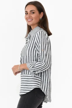 Linen Tops<Worthier Hyatt Charcoal Stripe Linen Shirt