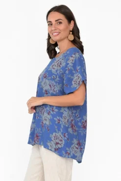 Linen Tops<Cali and Co Idalia Cobalt Blossom Linen Top