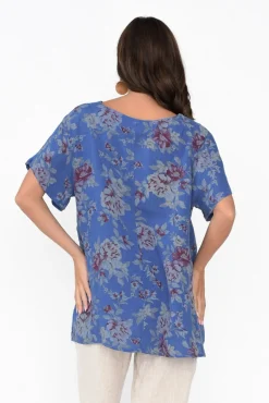 Linen Tops<Cali and Co Idalia Cobalt Blossom Linen Top