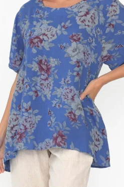 Linen Tops<Cali and Co Idalia Cobalt Blossom Linen Top