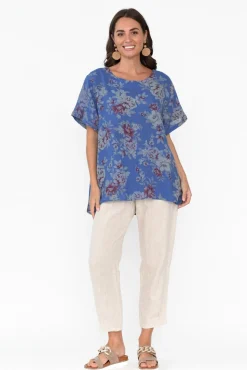Linen Tops<Cali and Co Idalia Cobalt Blossom Linen Top