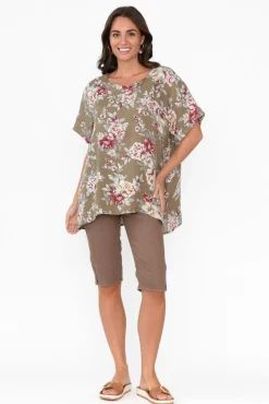 Linen Tops<Cali and Co Idalia Khaki Blossom Linen Top