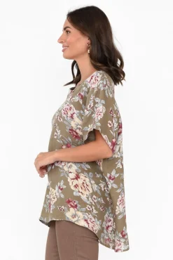 Linen Tops<Cali and Co Idalia Khaki Blossom Linen Top