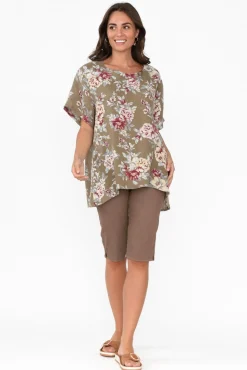 Linen Tops<Cali and Co Idalia Khaki Blossom Linen Top