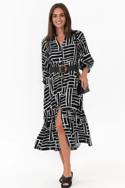 Sleeved Dresses<Silver Wishes Imari Black Stripe Collared Dress