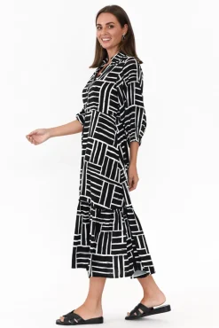 Sleeved Dresses<Silver Wishes Imari Black Stripe Collared Dress