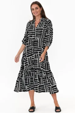 Sleeved Dresses<Silver Wishes Imari Black Stripe Collared Dress