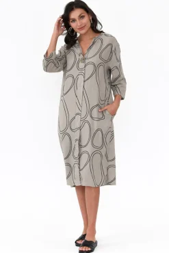 Linen Dresses<La Strada Inez Taupe Circle Linen Button Dress