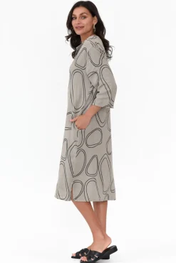 Linen Dresses<La Strada Inez Taupe Circle Linen Button Dress