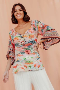 Sleeved Tops<Inoa Iris Pink Garden Silk Tie Top