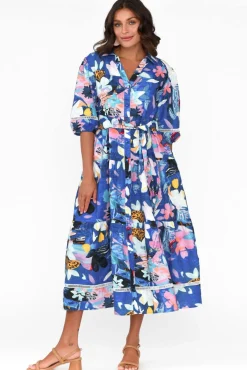 Cotton Dresses<Liberty Rose Ives Cobalt Floral Linen Cotton Shirt Dress