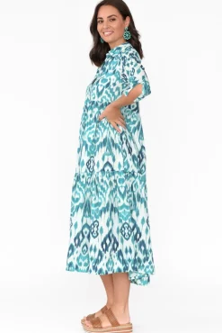 Cotton Dresses<Orientique Izmir Turquoise Geo Organic Cotton Tiered Dress