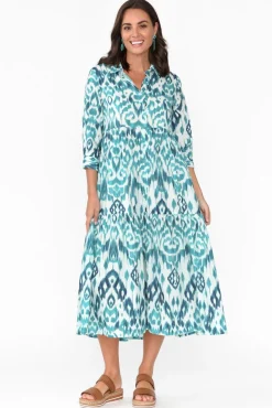 Cotton Dresses<Orientique Izmir Turquoise Geo Organic Cotton Tiered Dress