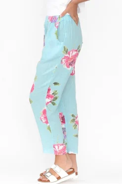 Pants<Cali and Co Jacqui Aqua Flower Linen Pants