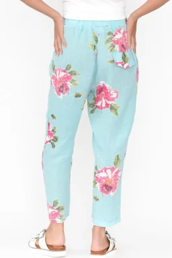 Pants<Cali and Co Jacqui Aqua Flower Linen Pants