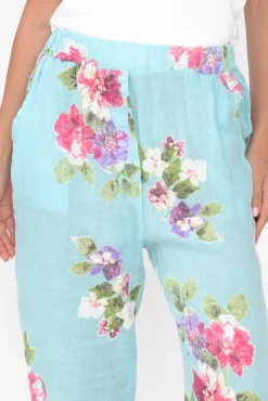 Pants<Cali and Co Jacqui Aqua Flower Linen Pants