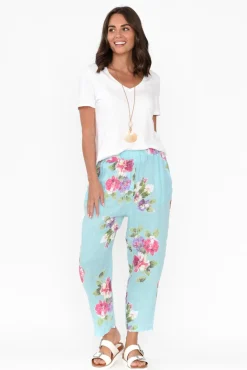 Pants<Cali and Co Jacqui Aqua Flower Linen Pants