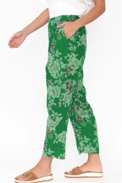 Pants<Cali and Co Jacqui Green Blossom Linen Pants