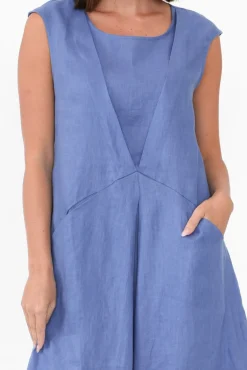 Linen Dresses<Tirelli Jaden Blue V Flange Linen Dress