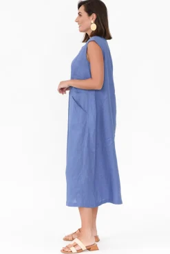 Linen Dresses<Tirelli Jaden Blue V Flange Linen Dress