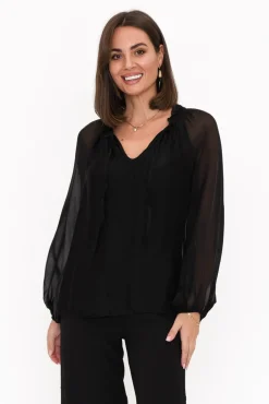 Sleeved Tops<La Strada James Black Front Tie Silk Top