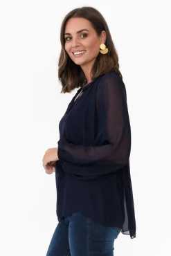 Sleeved Tops<La Strada James Navy Front Tie Silk Top