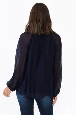 Sleeved Tops<La Strada James Navy Front Tie Silk Top